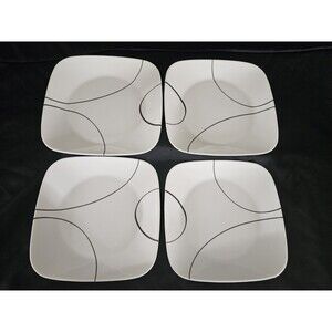 4 Corelle Corning SIMPLE LINES 9" Square LUNCHEON Salad PLATES~White/Black Lines